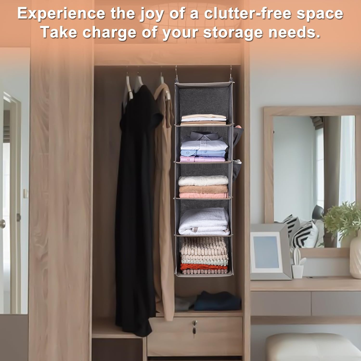 Boomiboo Hanging Closet Organize And Shelves，5-Hanging Shelf With 2 Side Pockets，Storage Foldable （Grey）