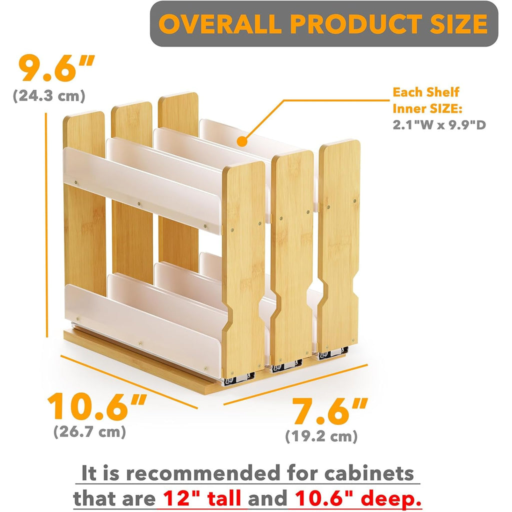 Spaceaid Bamboo Pull Out Spice Rack Organizer For Cabinet, Heavy Duty Slide Out Seasoning Kitchen Pantry Sliding Vertical Organization, 7.6" Wide, 3 Drawers(2" Wide), 2-Tier, Natural