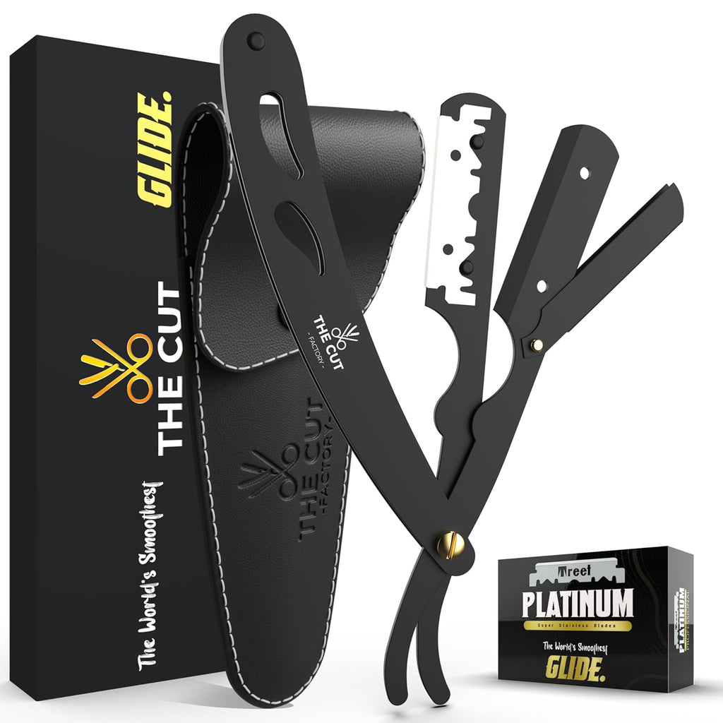 The Cut Factory® Straight Razor for Men Professional Barber Straight Edge Razor for Comfortable Smooth Shave. Gift Box Leather Pouch 20 Single Edge Blades. Our Blades Never Fall