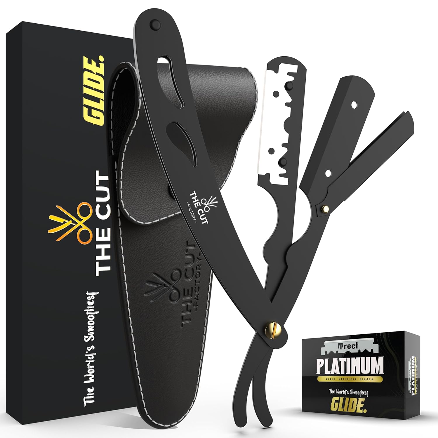The Cut Factory® Straight Razor for Men Professional Barber Straight Edge Razor for Comfortable Smooth Shave. Gift Box Leather Pouch 20 Single Edge Blades. Our Blades Never Fall