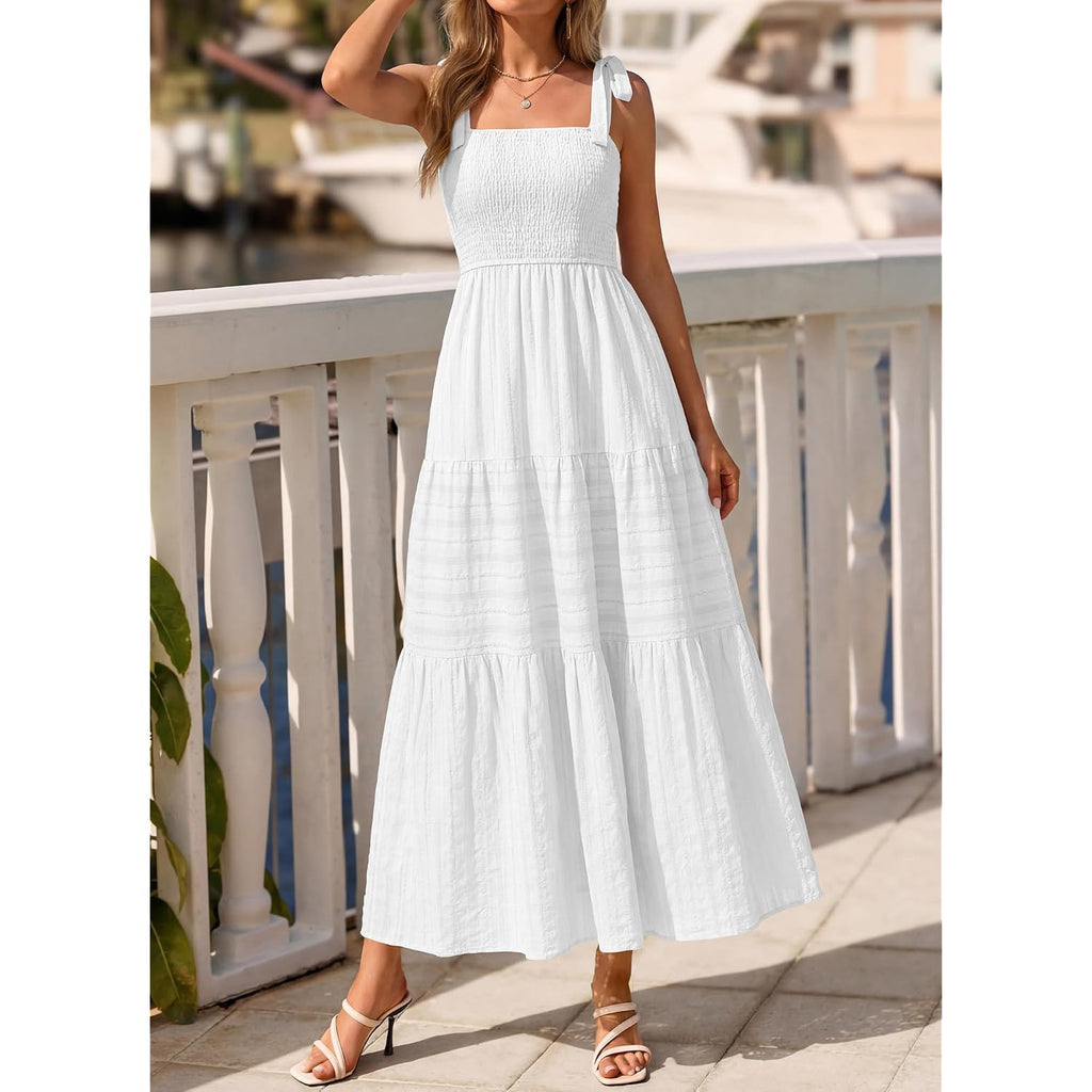Btfbm Women'S 2026 Summer Boho Spaghetti Strap Dress Casual Sleeveless Smocked A Line Beach Sundress Long Maxi Dresses