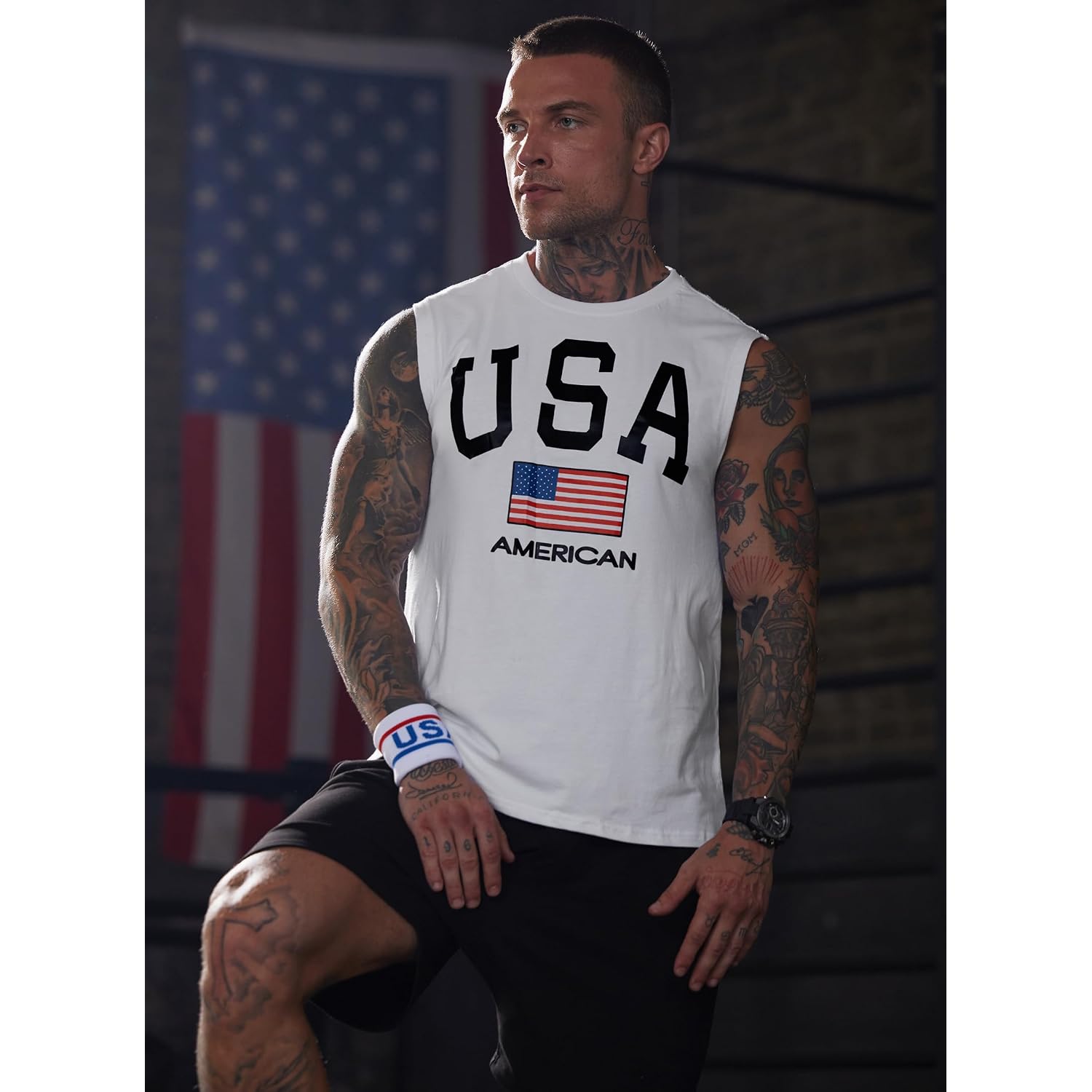Mainfini Men American Flag Tank Top Muscle Graphic Gym Workout Usa Sleeveless Tee Shirts (S-3Xl)