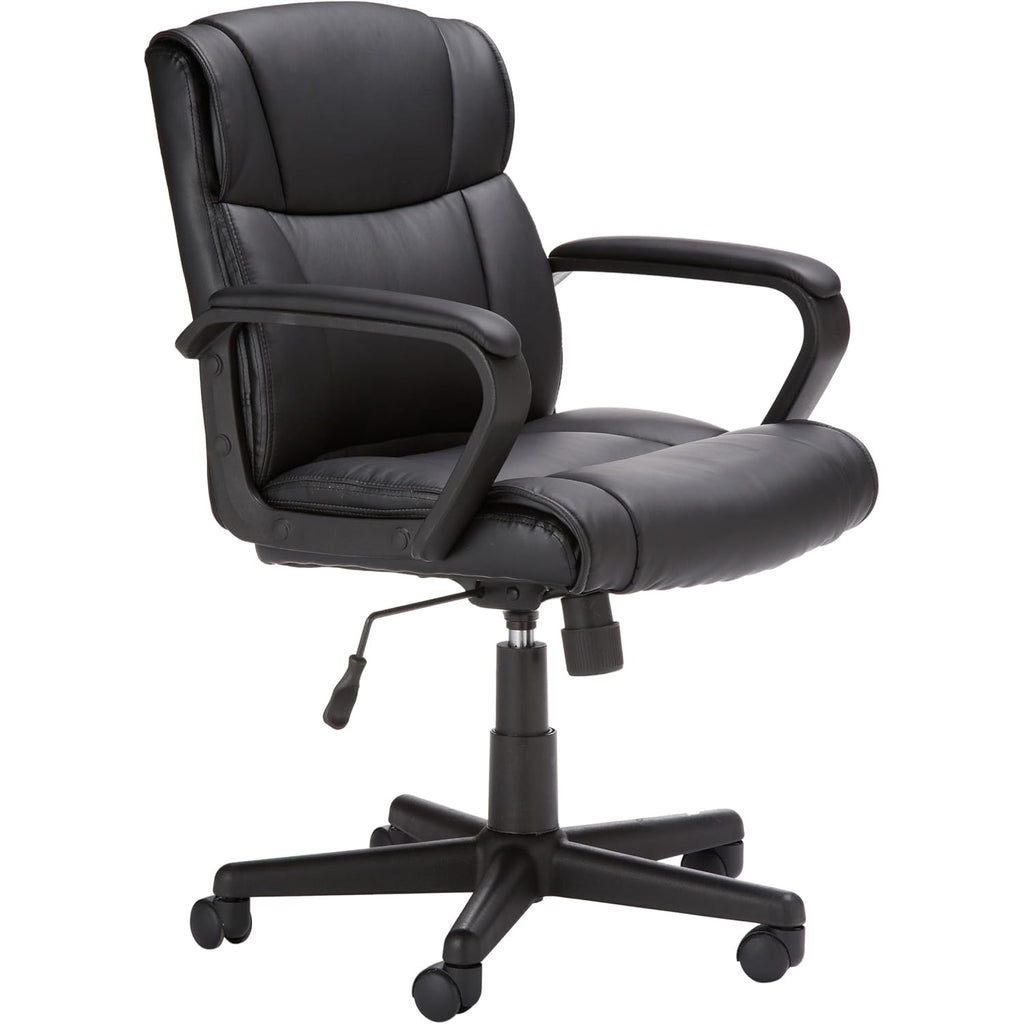 Amazon Basics Office Task Chair With Adjustable Height, 360° Swivel, Padded Armrests, Mid-Back, Rolling, 275 Pound Capacity, 24.2"D X 24"W X 34.8"H, Black Faux Leather