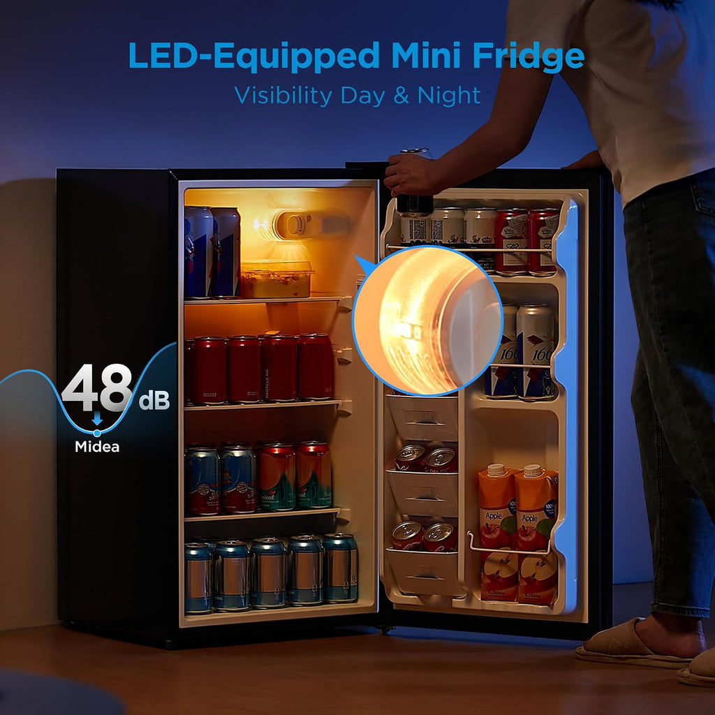 Midea Merm33S1Ast Mini Fridge, 3.3 Cu.Ft Compact Fridge With Internal Light, Adjustable Thermostat, Reversible Door, Low Noise For Dorm, Office, Bedroom, Stainless Steel