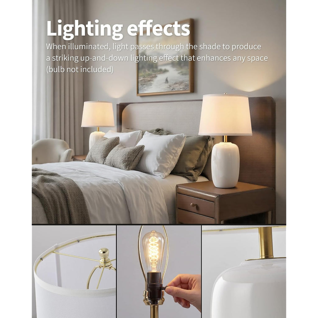 22 Inch White Ceramic Table Lamps Set Of 2, Fabric Lampshade Living Room Office Desk Lamp, E26 Socket Rotary Switch Lighting For Bedroom, Nightstand, Reading, Office, Study, Corner, Home Decor
