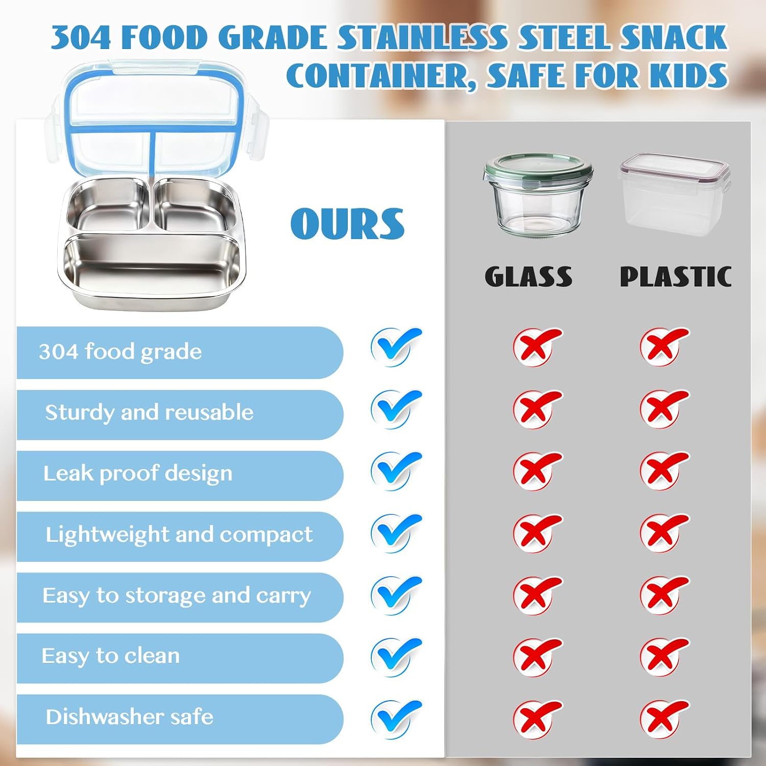 Stainless Steel Snack Containers, 3 Compartments Reusable On And Go Bento Box With Lids For Kids, Lunch Box Pre Meal Storage For Daycare School Outdoor Camping Travel - Blue