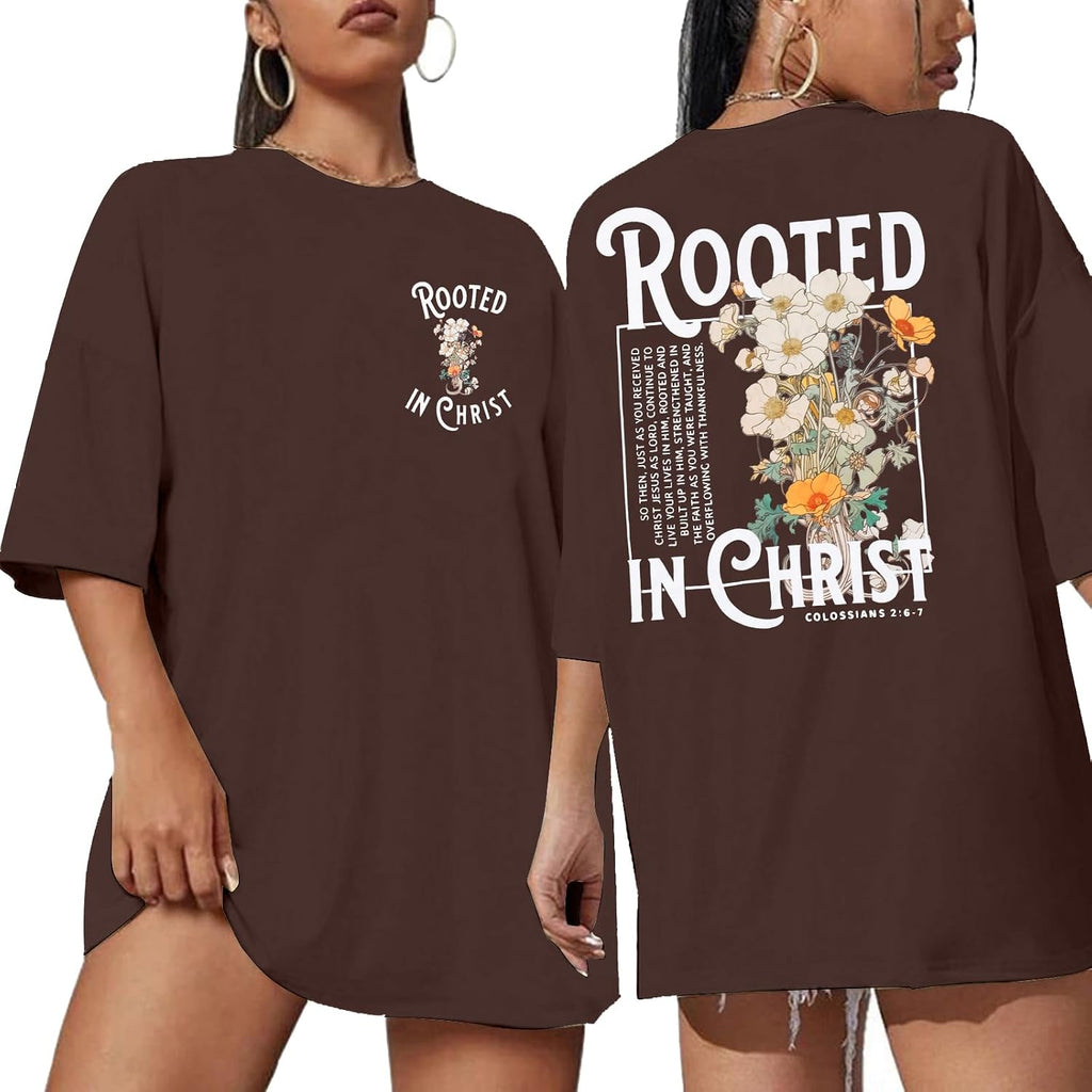 Rooted in Christ Shirt Christian Shirts for Women Jesus Oversized Tshirt Bible Verse Graphics Tees Tops Brown