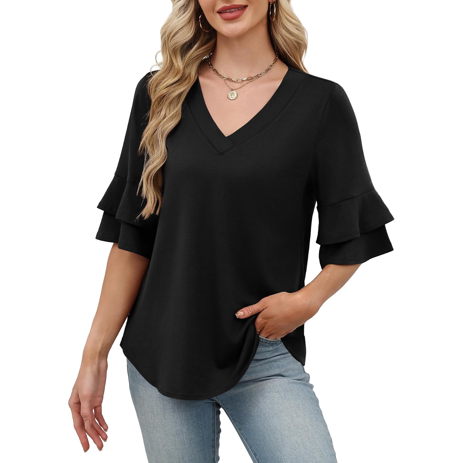 Ofeefan Spring Tops For Women Boho Shirts Fashion Clothing Cute 3/4 Length Sleeve Blouses Dressy Casual Summer Outfits