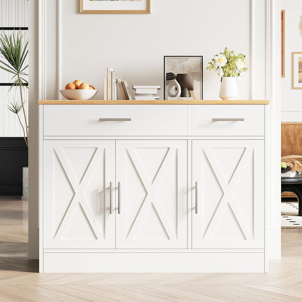 Vongrasig 43” Coffee Bar Cabinet, Farmhouse Buffet Cabinet With Storage, Sideboard Buffet With Drawers And Shelves For Kitchen, White