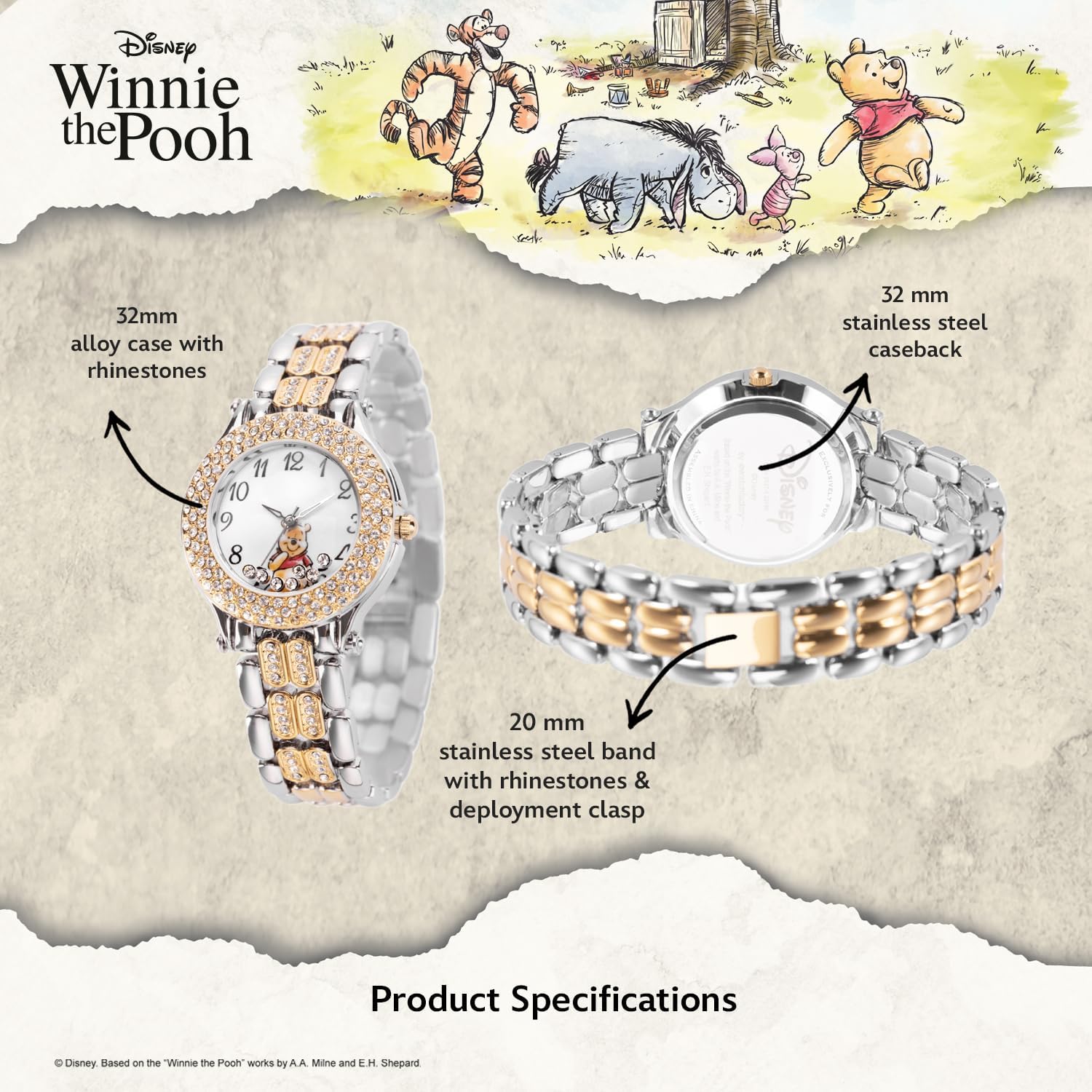 Disney Adult Round Cz Stone Analog Quartz Floating Stones Bracelet Watch