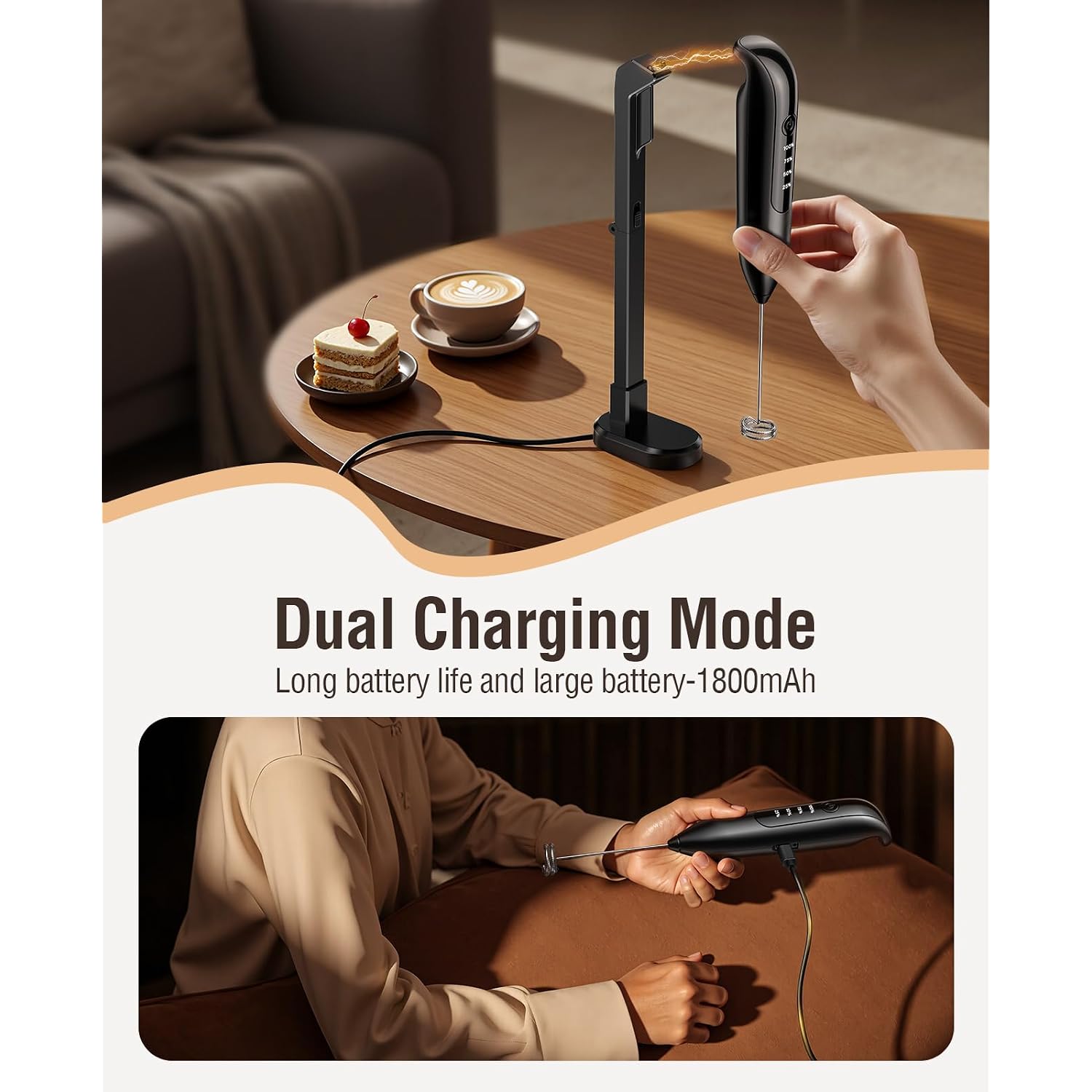 Electric Milk Frother Handheld: Coffee Frother Rechargeable 𝟑 𝐢𝐧 𝟏 - Led Display, Adjustable Wireless Charging - 3 Speeds, Stainless Steel Whisk For Latte, Cappuccino - Bright Black