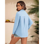 Womens Button Down Shirts Linen Cotton Long Sleeve Blouses Casual Collared Loose Fit Gauze Tops with Pocket