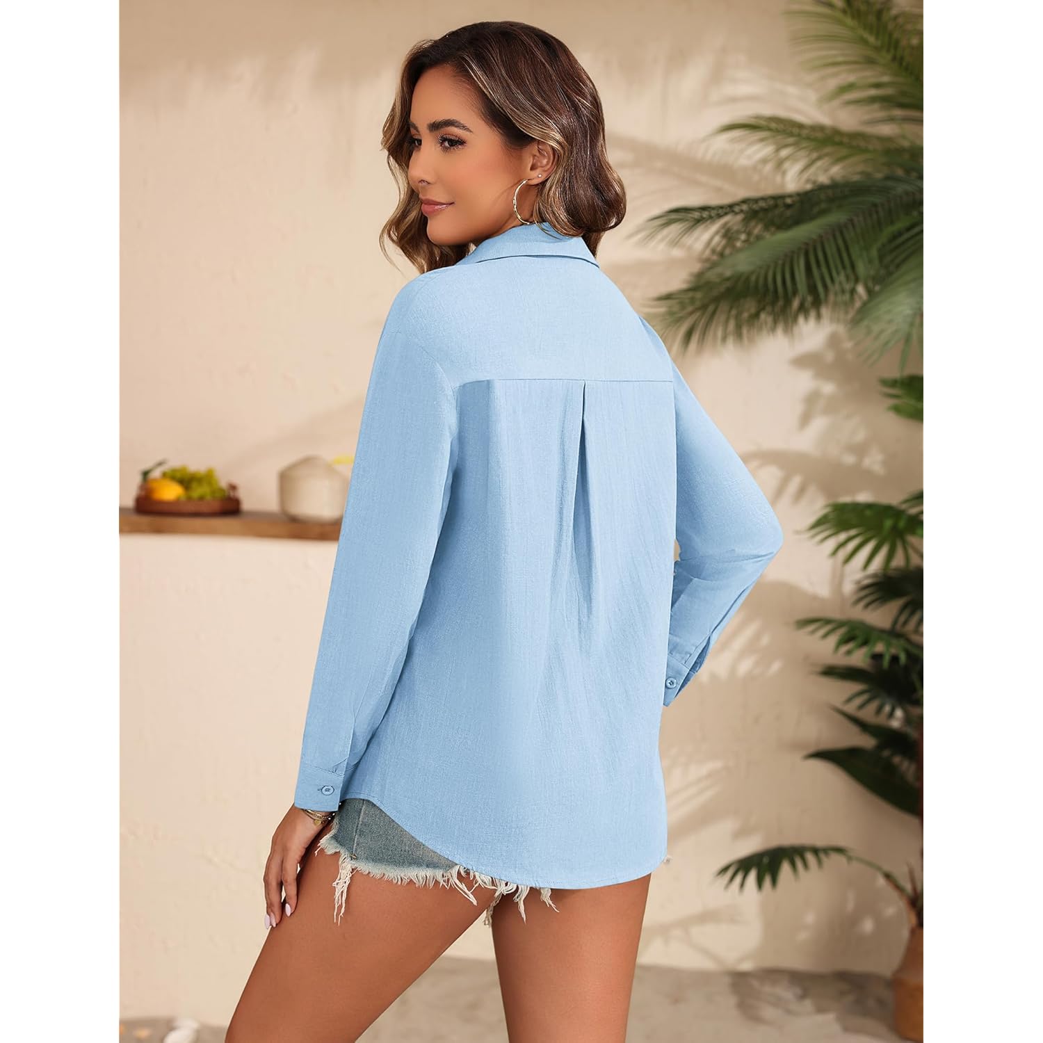 Womens Button Down Shirts Linen Cotton Long Sleeve Blouses Casual Collared Loose Fit Gauze Tops with Pocket