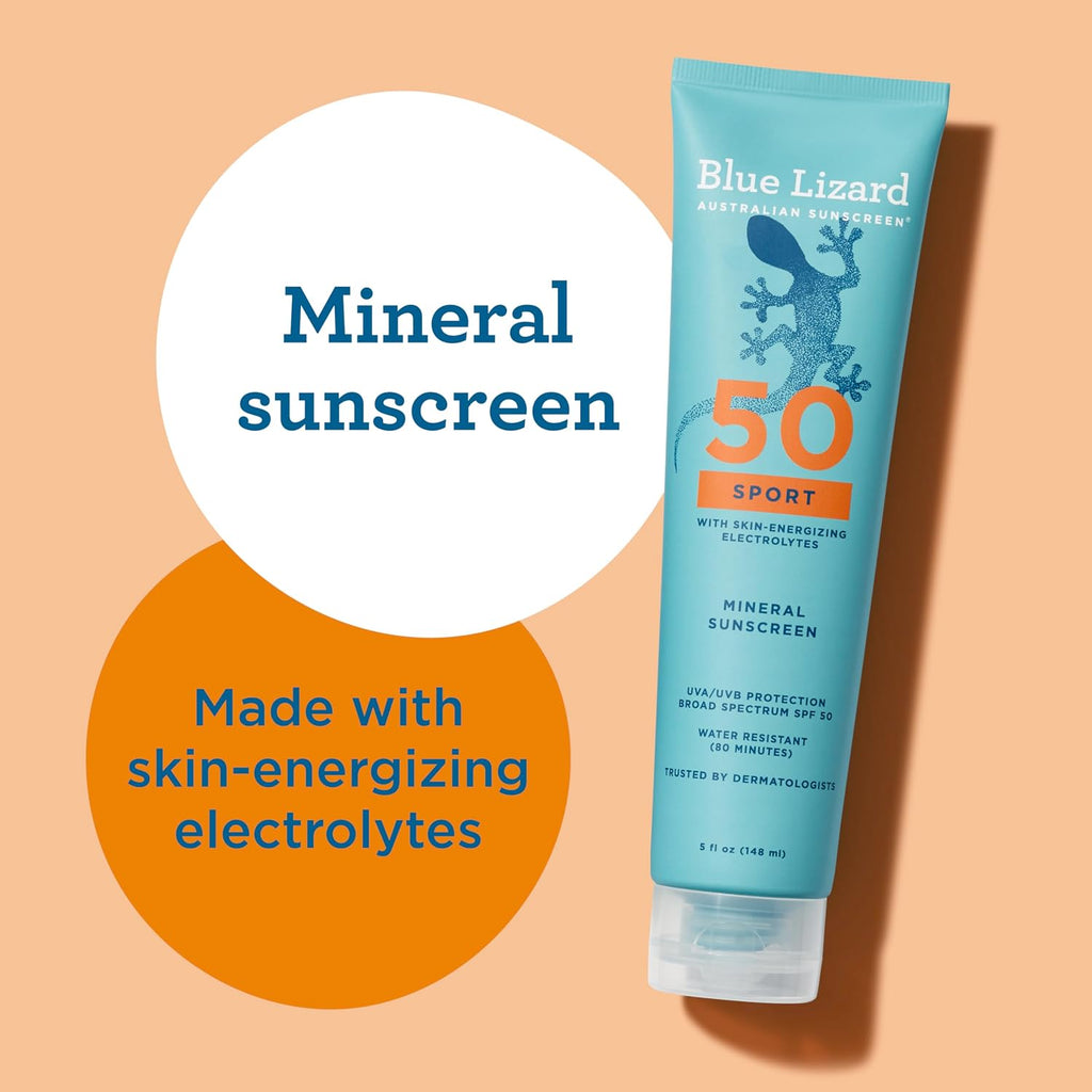 Blue Lizard Sport Mineral Spf 50 Lotion, Ideal For Athletes, 100% Mineral Sunscreen Actives, Fragrance-Free, Paraben-Free, Vegan, 5 Fl Oz