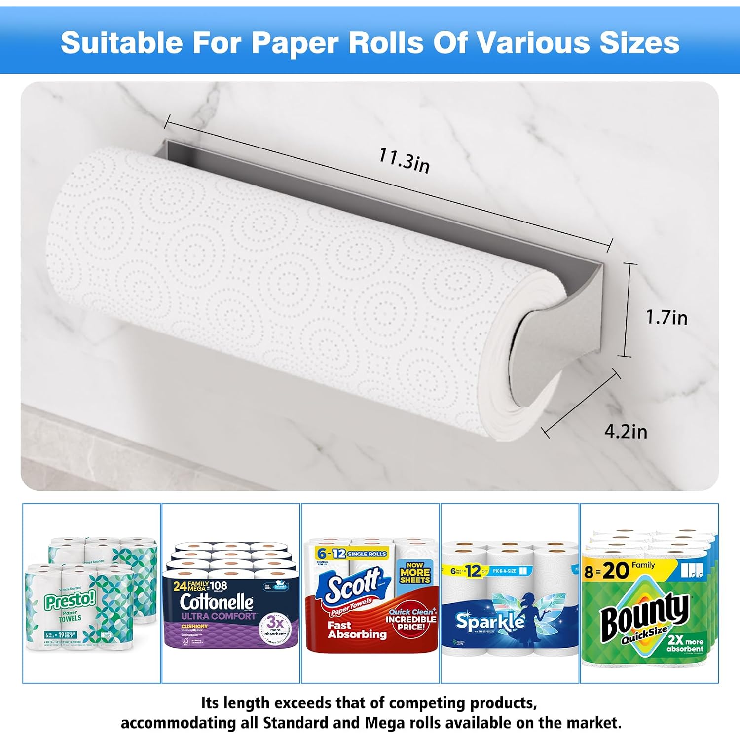 Paper Towel Holder Under Cabinet, Stainless Steel, Adhesive Or Screw Mount, Fits Standard & Mega Rolls, Wall Mount Rack For Kitchen, Bathroom, Rv, Silver