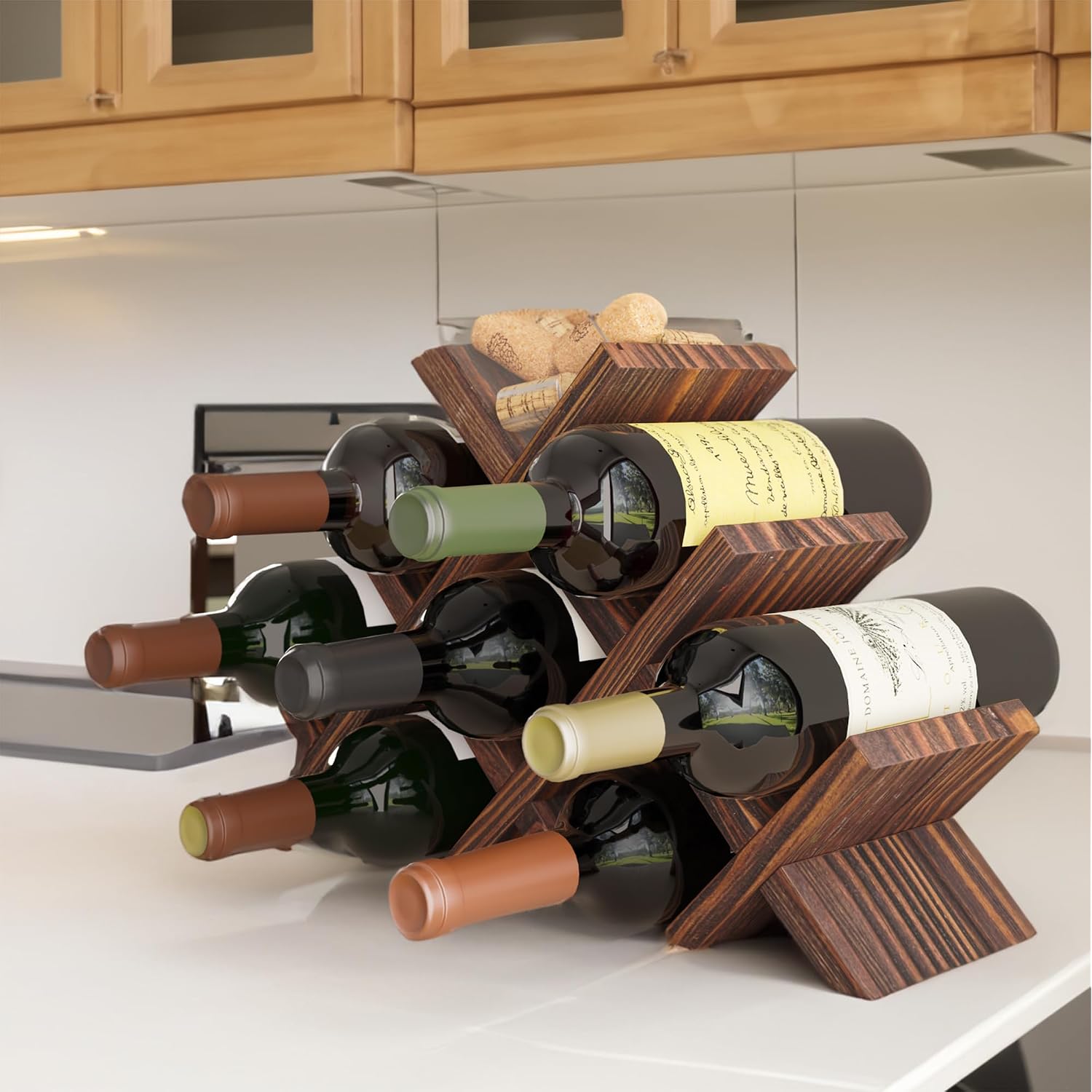 Alella Countertop Wood Wine Rack For 8 Bottles Holder And Cork Storage Tabletop Butterfly Sleek Design Freestanding Organizer - Home, Kitchen, Dining Room Bar Décor - Walnut