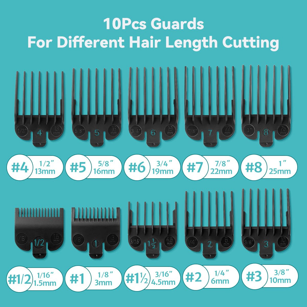 Clipper Guards Set Compatible with Wahl Clippers (Not for All Models), Clipper Guides Replacement - 1/16" to 1", 10 Piece Set, Black Color