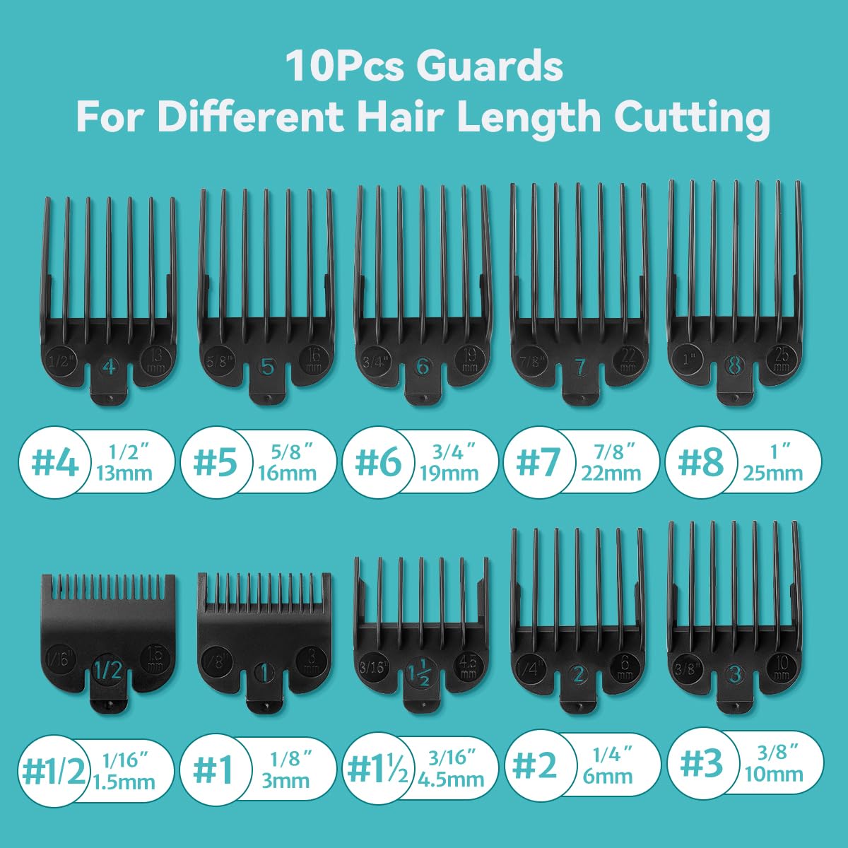 Clipper Guards Set Compatible with Wahl Clippers (Not for All Models), Clipper Guides Replacement - 1/16" to 1", 10 Piece Set, Black Color