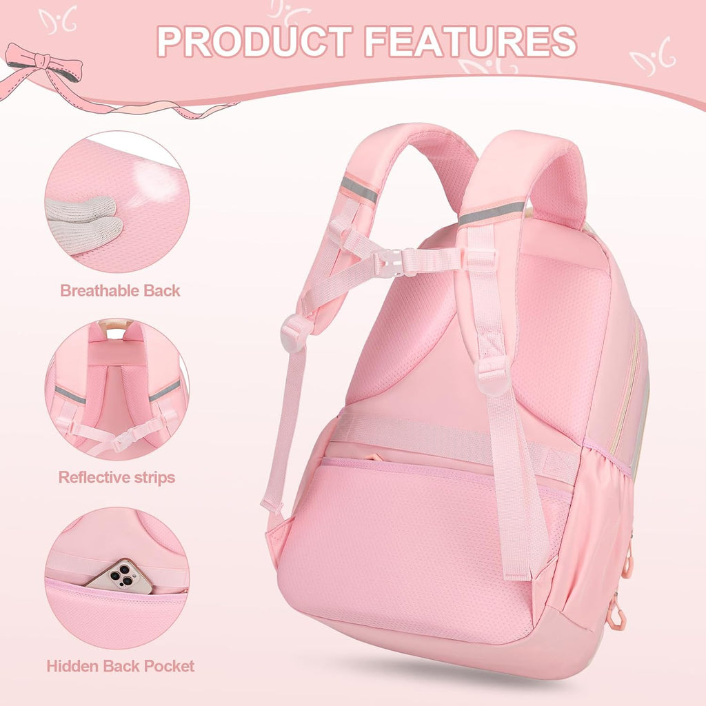 Backpack For Girls, 3Pcs Girls Backpack For School With Lunch Bag Pencil Case, Cute Kids Teens Bookbag For Kindergarten Elementary Preschool Middle School (Pink)
