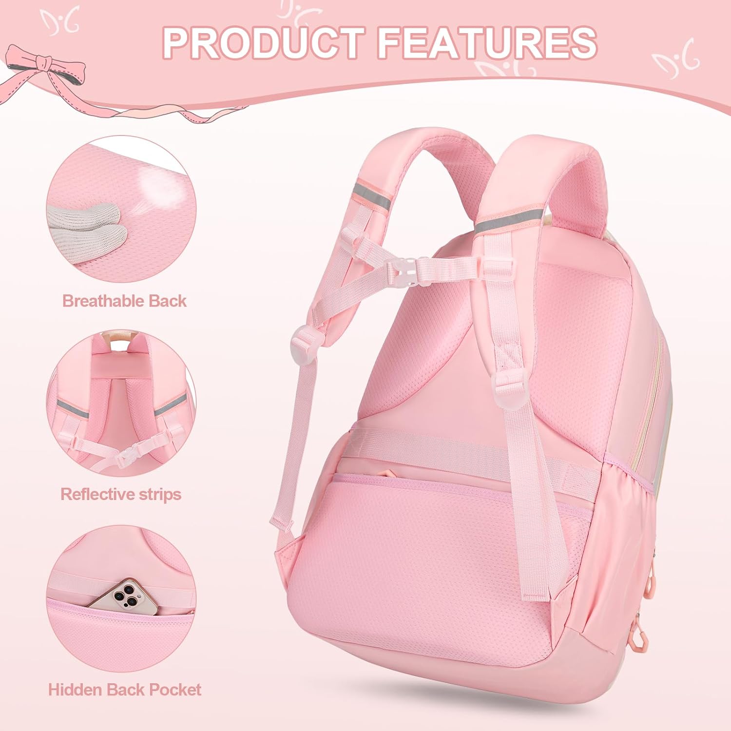 Backpack For Girls, 3Pcs Girls Backpack For School With Lunch Bag Pencil Case, Cute Kids Teens Bookbag For Kindergarten Elementary Preschool Middle School (Pink)