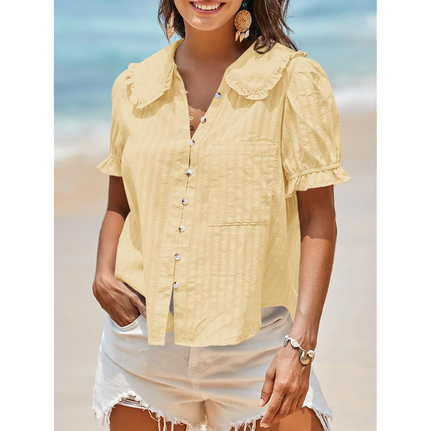 Tankaneo Womens Puff Sleeve Shirts Peter Pan Collar Button Down Cotton Blouse Casual Summer Textured Tops
