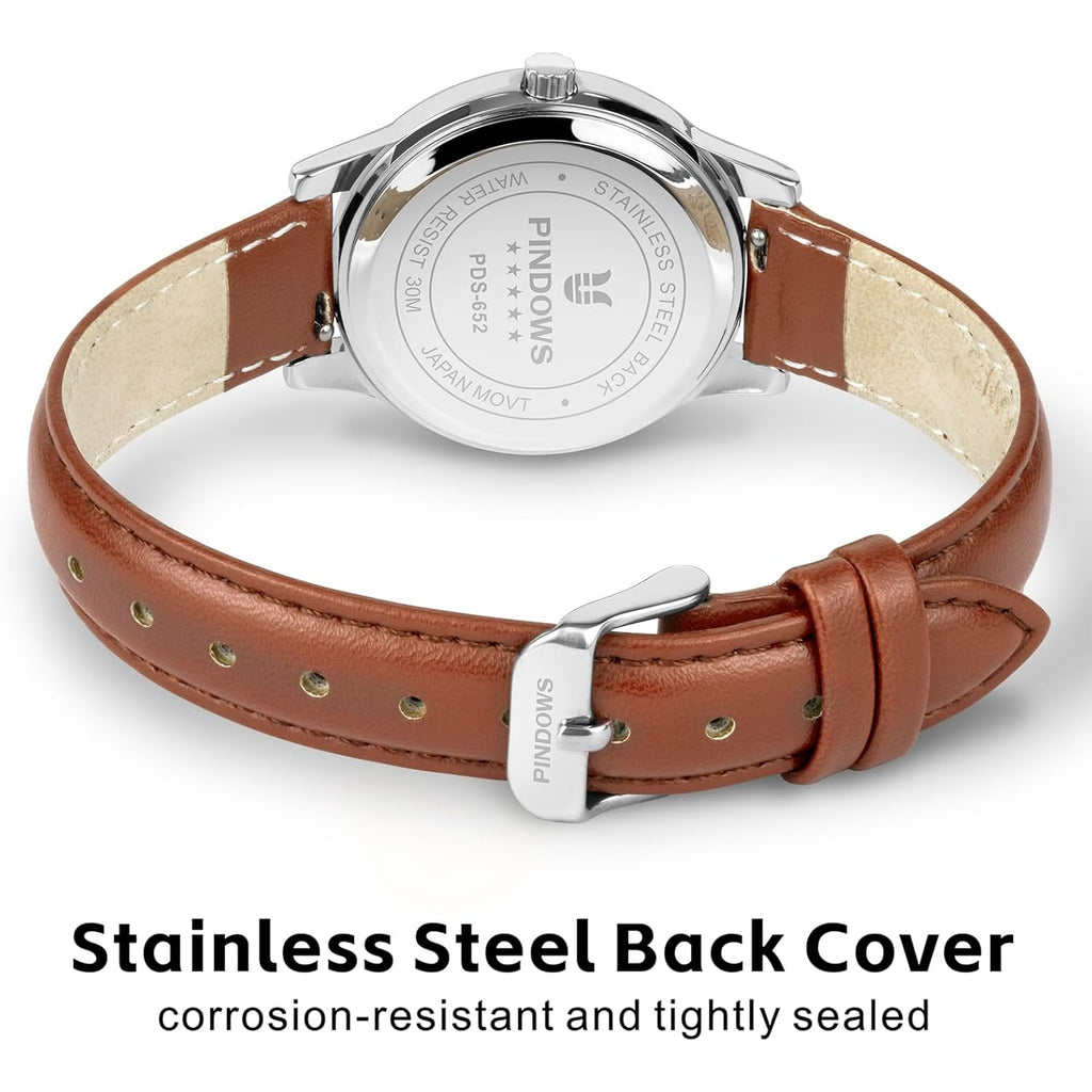 Pindows Minimalist Watches For Women, Gold-Tone Case With Black Leather Strap, Fashionable, Everyday Elegant Quartz Analog Dress Watch