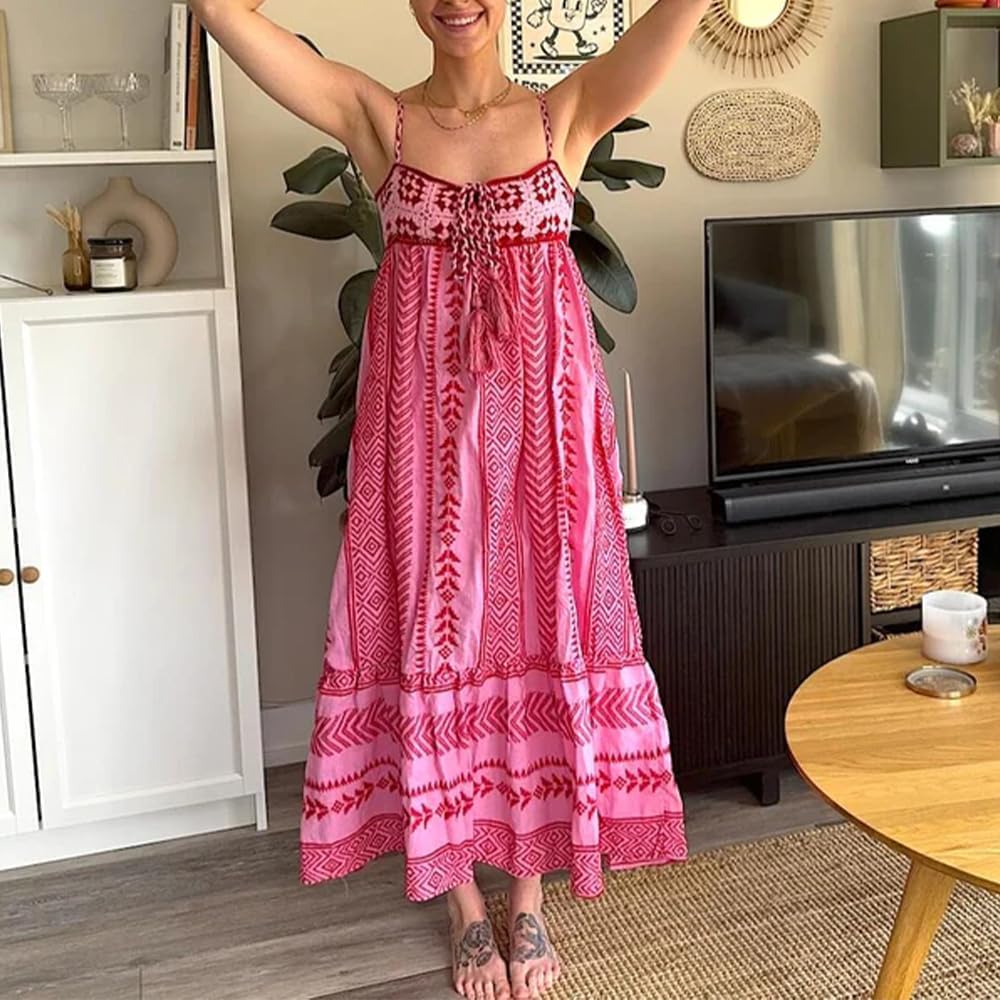 Abyovrt Women Boho Maxi Dress Crochet Patchwork Sleeveless Long Flowy Swing Dress Pink Beach Sundresses