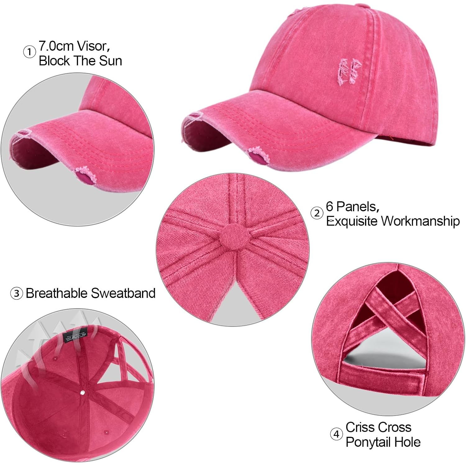 Enwokran Women Ponytail Hat Baseball Cap, Adjustable Criss Cross Messy Buns Ponycaps High Bun Cotton Distressed Hats