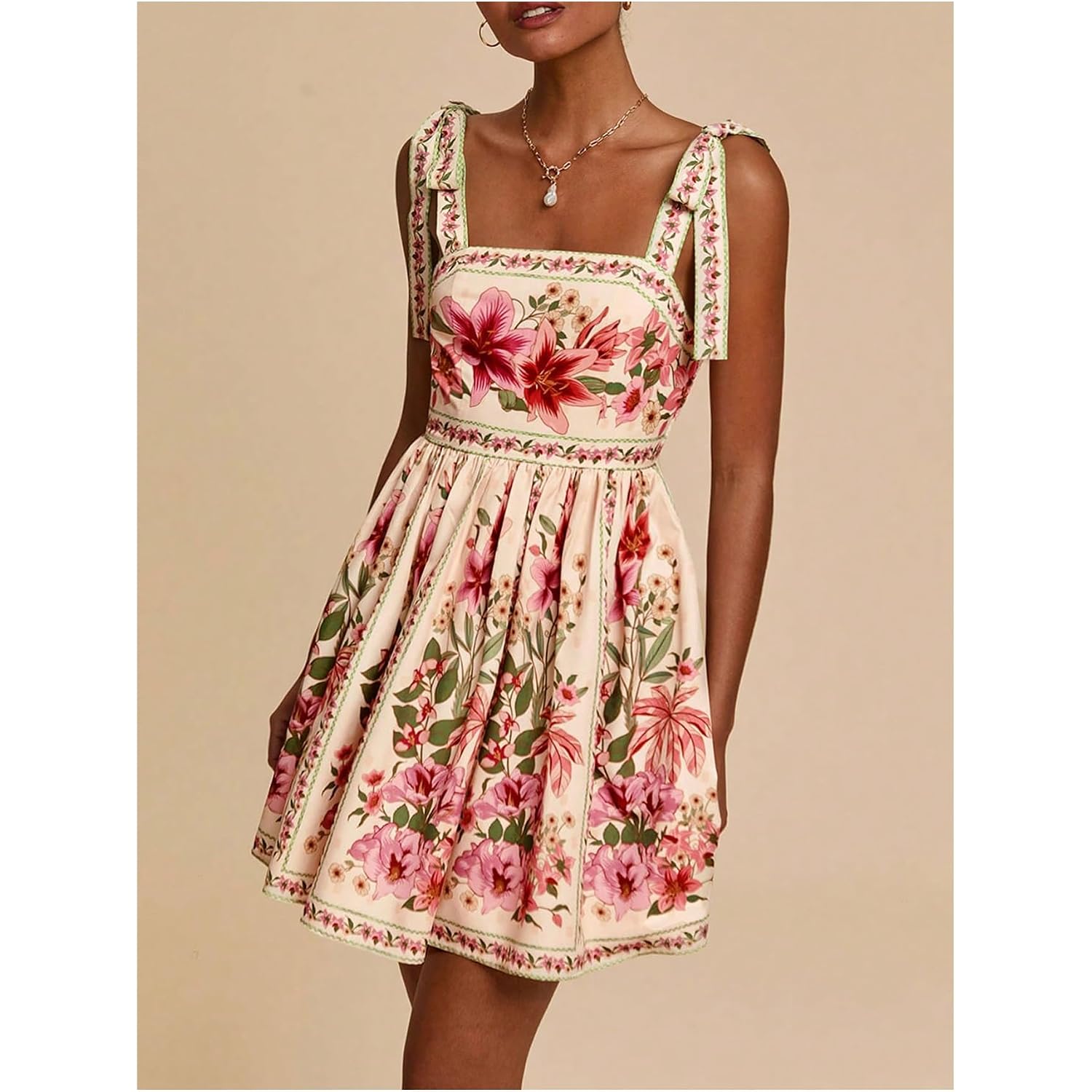 Oyoangle Women'S Boho Dress Floral Tropical Vacation Dress Sleeveless Tie Shoulder Summer Flowy Mini Dress Sundress