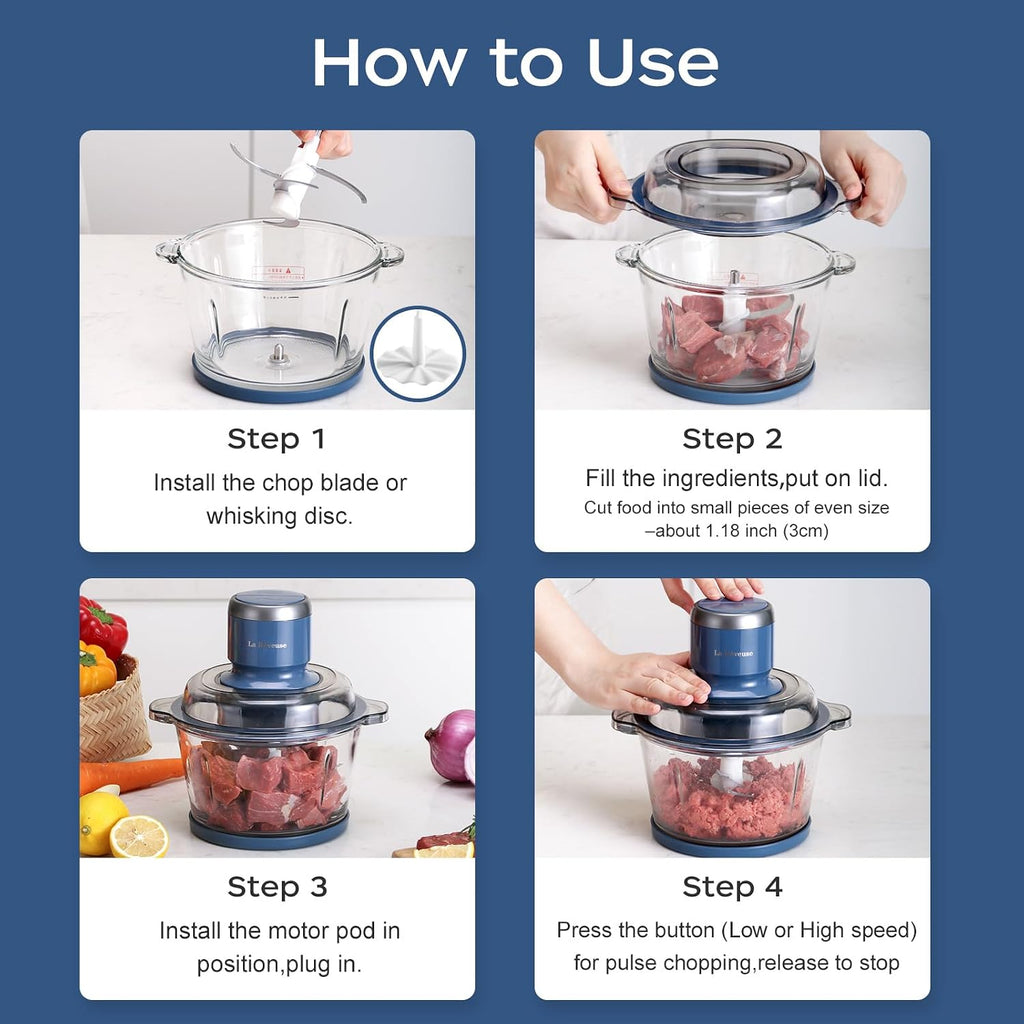 La Reveuse Food Processor,Electric Food Chopper With 7-Cup (1.7L) Glass Bowl, 4 Bi-Level Blades For Chopping,Grinding,Mincing,Whisking,Meal Prep,300W,Blue