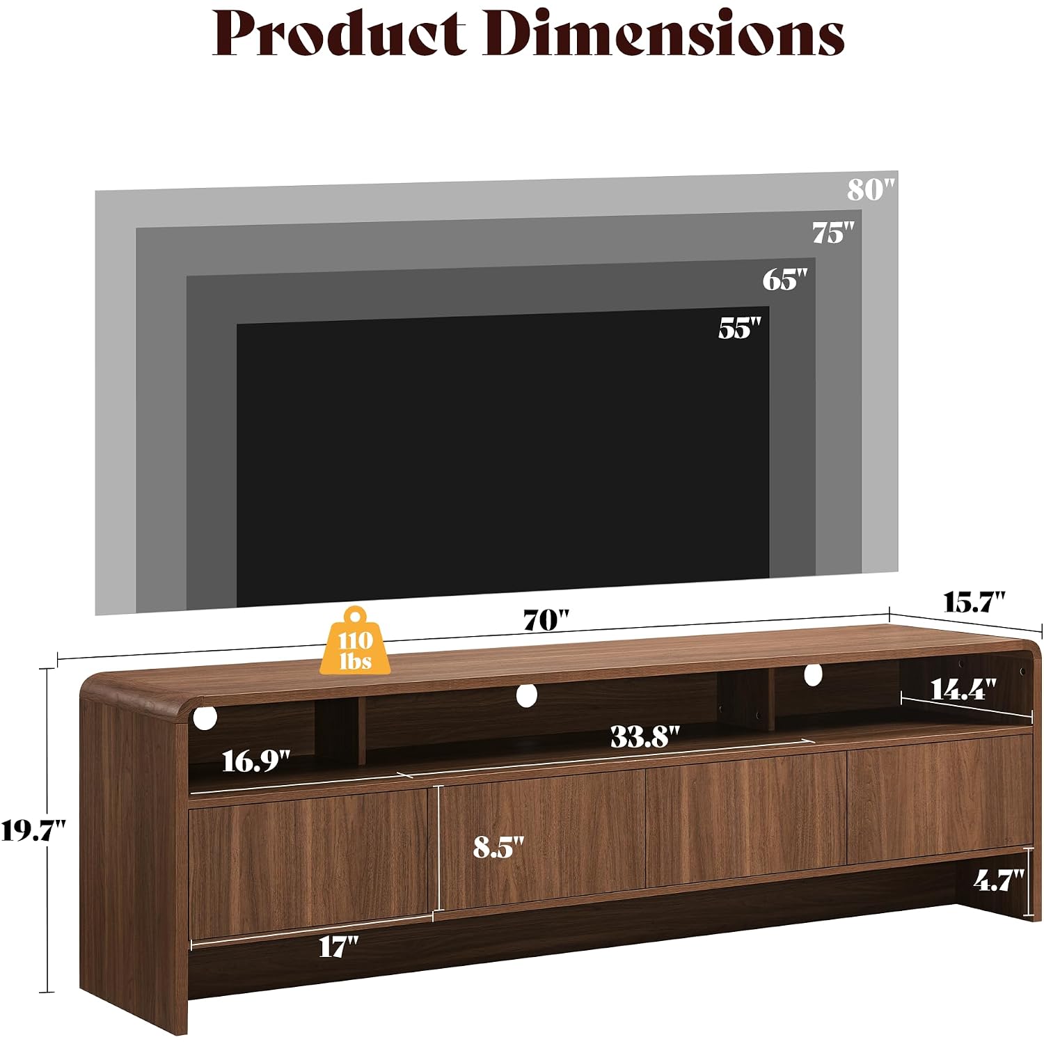 Amerlife 70" Modern Tv Stand For Tvs Up To 80", Wood Tv Console With Curved Profile Design & 2 Storage Cabinets, Media Console Entertainment Center For Living Room, Brown