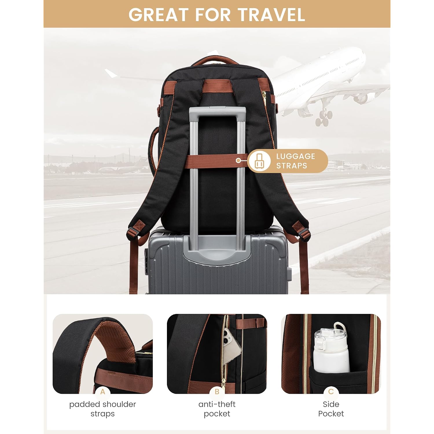 Lovevook Travel Backpack For Women, 40L Airline Approved Carry On Backpack Luggage With 3 Packing Cubes, Tsa Personal Item Travel Bag, Waterproof Weekender Backpack Fits 17.3" Laptop
