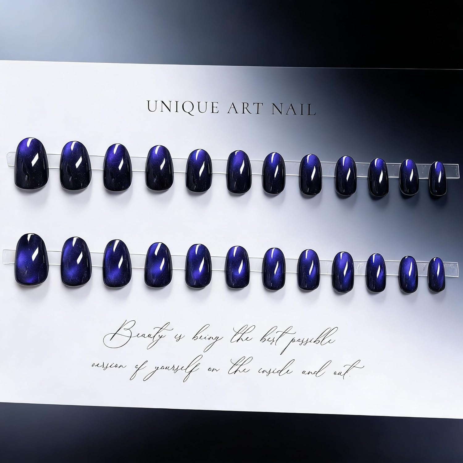 KQueenest Cat Eye Press on Nails Short Oval, Dark Violet Blue Fake Nails Extra Short Almond, Glitter Chrome Black Glue on Nails, Reusable Sparkly Stick on Nails for Women Finger Decoration, 24 Pcs