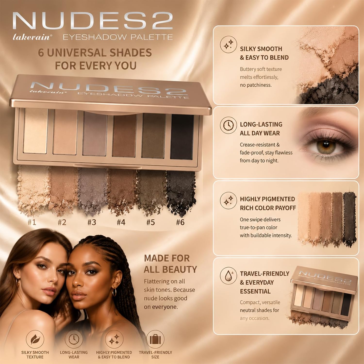 Eyeshadow Palette, 6-Color Brown Shades With 2 Brushes For Daily | Neutral Eyeshadow Palette,Travel, Daily Use, Easy To Clean,Portable,Makes A Great Gift