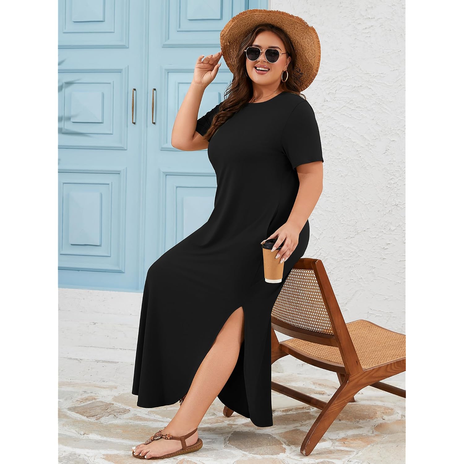 Auslook Plus Size Maxi Dresses For Women Summer Casual Long T Shirt Dress Crew Neck Flowy Beach Vacation Sundress With Pocket