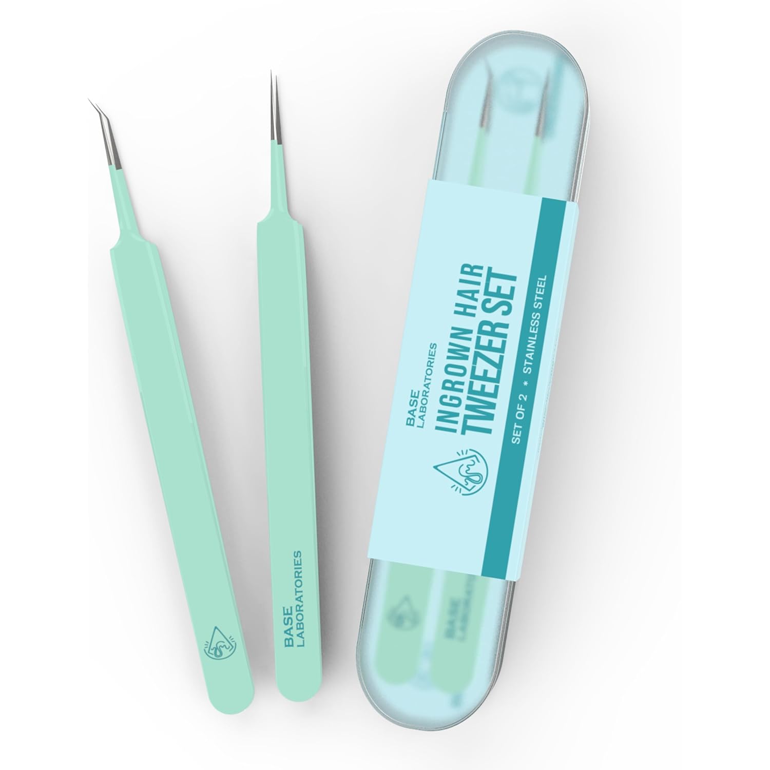 Base Labs Ingrown Hair Tweezers Set – 2 Pack Precision Tweezers for Ingrown Hair Removal, Curved & Pointed Tip Stainless Steel Tweezers with Protective Case for Razor Bumps, Splinters & Facial Hair