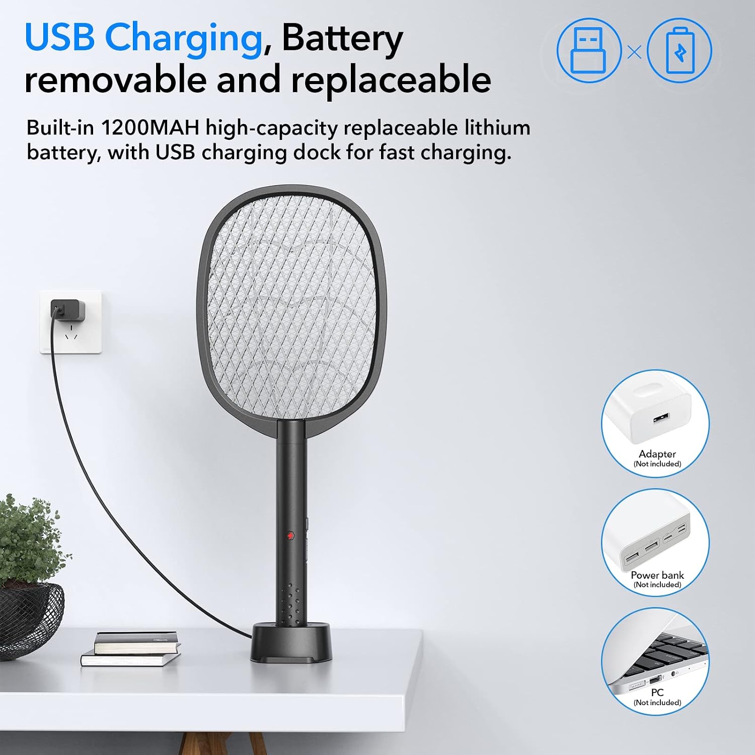 2 Pack Electric Fly Swatter 2 In 1 Bug Zapper Racket & Mosquito Zapper,4000V With Usb Charging Base，Powerful Mosquito Swatter With 3 Layers Of Safety Net Suitable For Indoor And Outdoor…