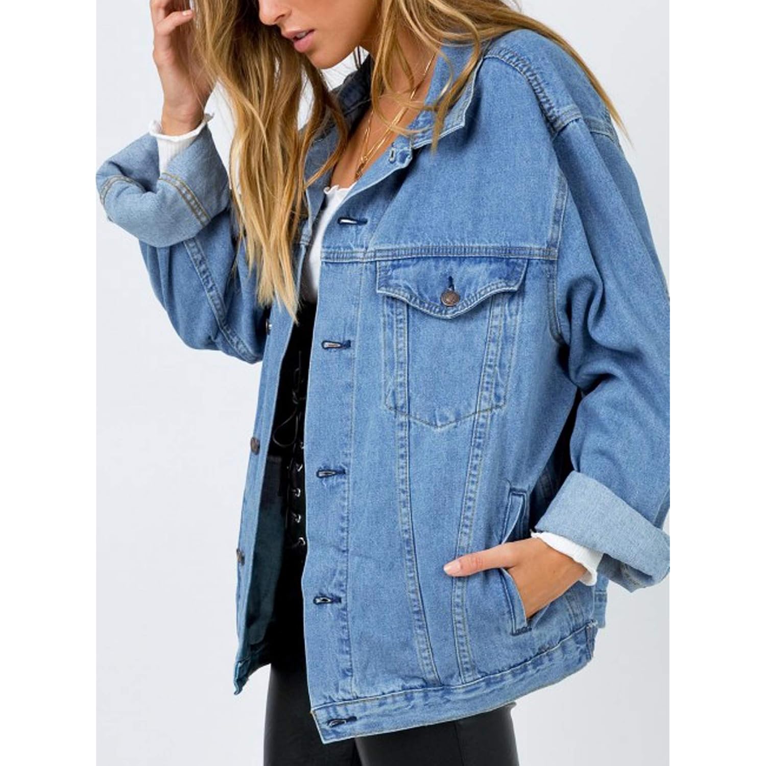 Women'S Oversized Vintage Denim Jacket Long Sleeve Boyfriend Coat