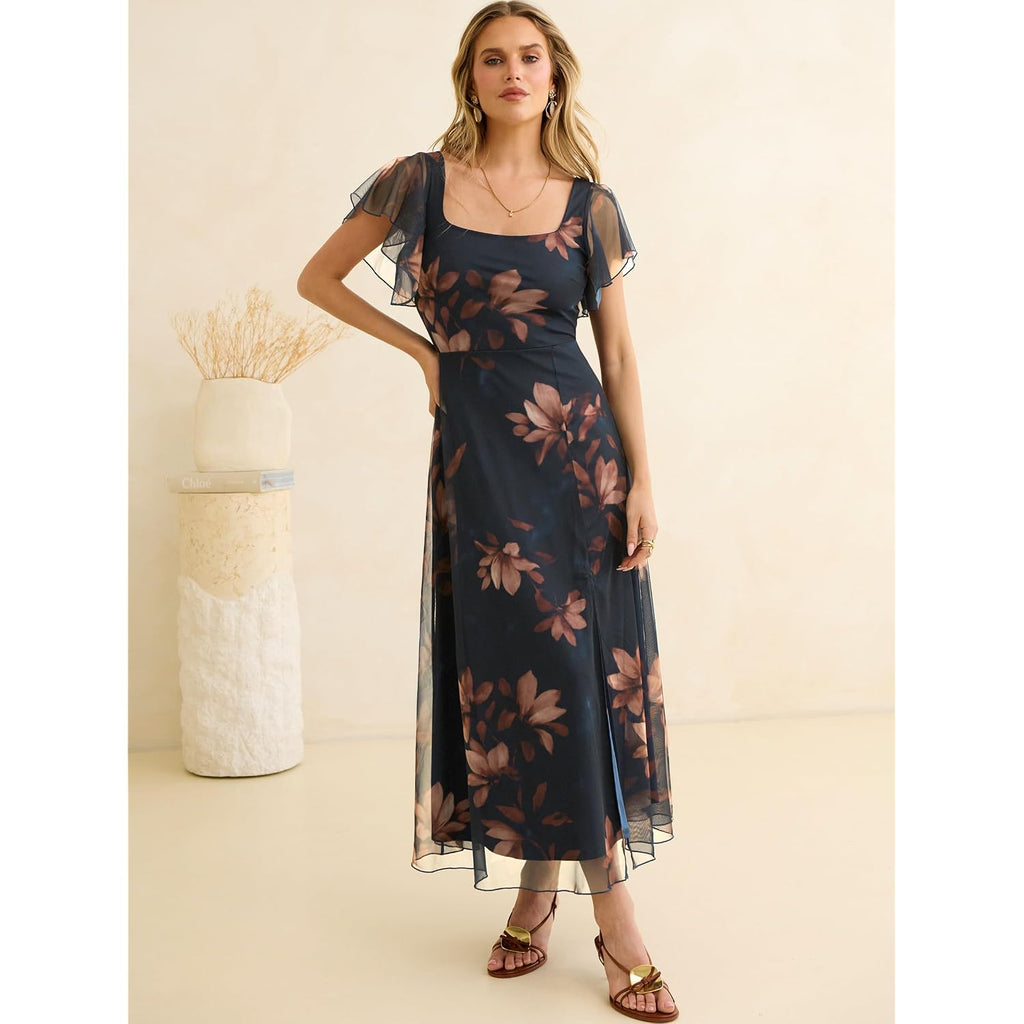Caracilia Women Square Neck Floral Tulle Wedding Guest Bridemaid Dresses Summer Ruffle Sleeve High Slit Formal Midi Dress