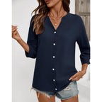 Lomon Womens 3/4 Sleeve Button Down Shirts Cotton Linen Roll Up Short Sleeve Tops V Neck Casual Loose Fit Blouses