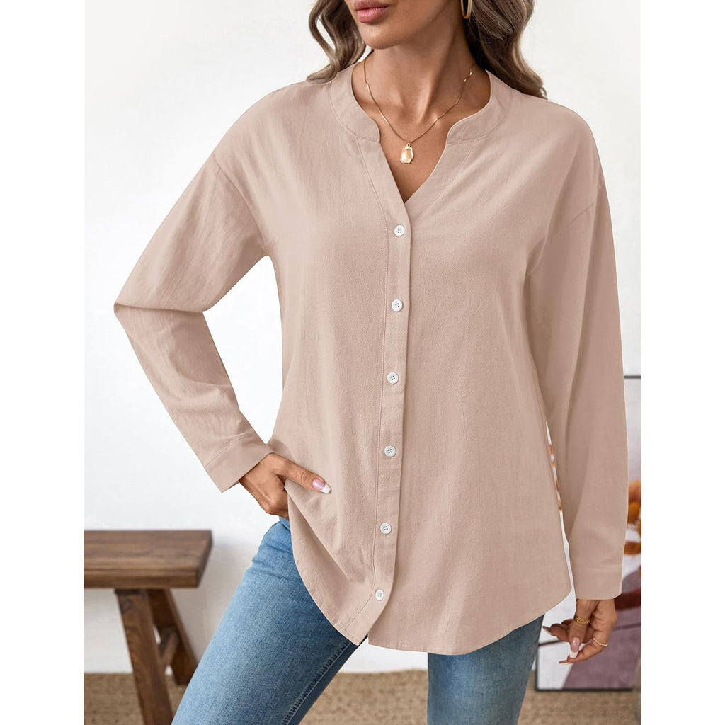 Lomon Womens Button Down Shirts Long Sleeve Cotton Button Up Shirt Linen V Neck Casual Loose Tops Blouses
