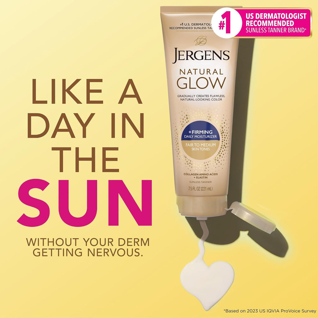 Jergens Natural Glow +Firming Self Tanner Body Lotion, Fair To Medium Skin Tone, Sunless Tanning Moisturizer With Collagen And Elastin. Helps To Visibly Reduce Cellulite, 7.5 Fl Oz