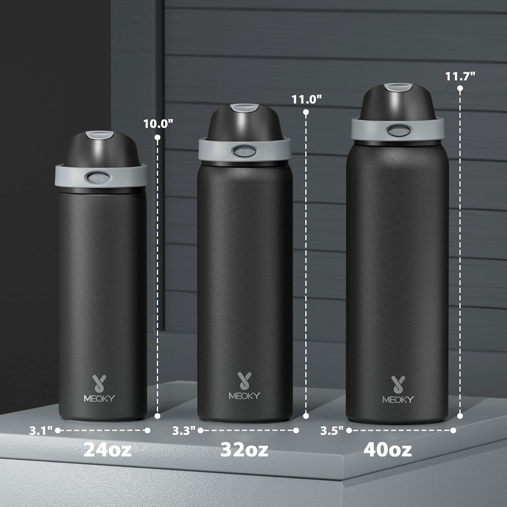 24 Oz Insulated Water Bottle For Sports: Meoky Stainless Steel Water Bottle With 2-In-1 Straw And Spout Lid - Leak Proof, Cold For 24 Hours, Fits In Car Cup Holder, Bpa-Free For Travel Gym, Night