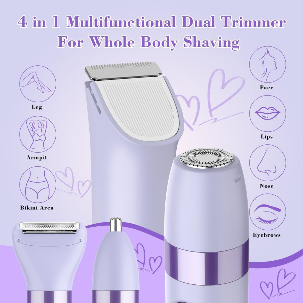 Hatteker 4-in-1 Women's Electric Razor, Dual-Head Body Hair Trimmer for Women, IPX7 Waterproof Rechargeable Bikini Trimmer & Facial Hair Remover for Legs, Armpits, Face, Nose, Eyebrows, Purple