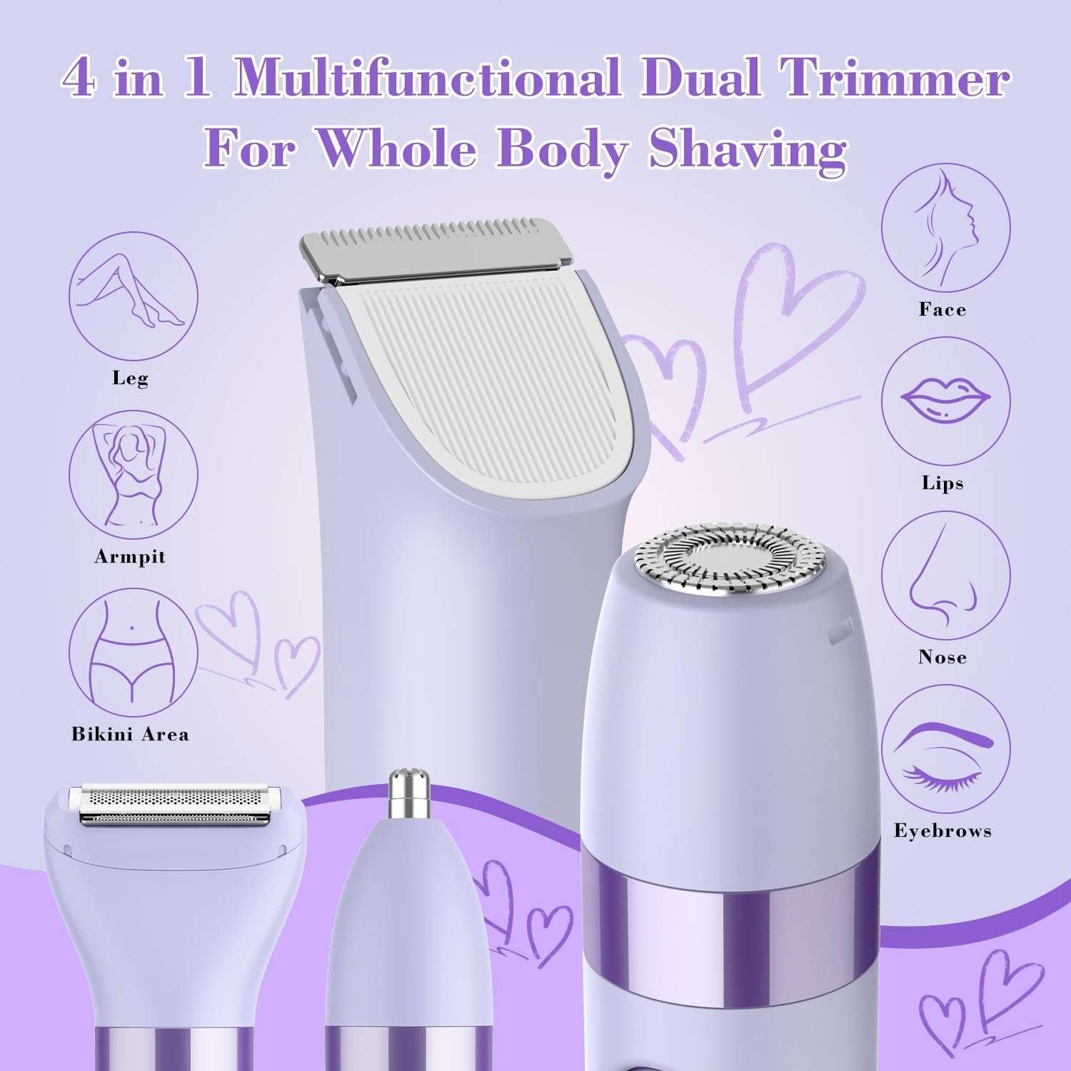 Hatteker 4-in-1 Women's Electric Razor, Dual-Head Body Hair Trimmer for Women, IPX7 Waterproof Rechargeable Bikini Trimmer & Facial Hair Remover for Legs, Armpits, Face, Nose, Eyebrows, Purple