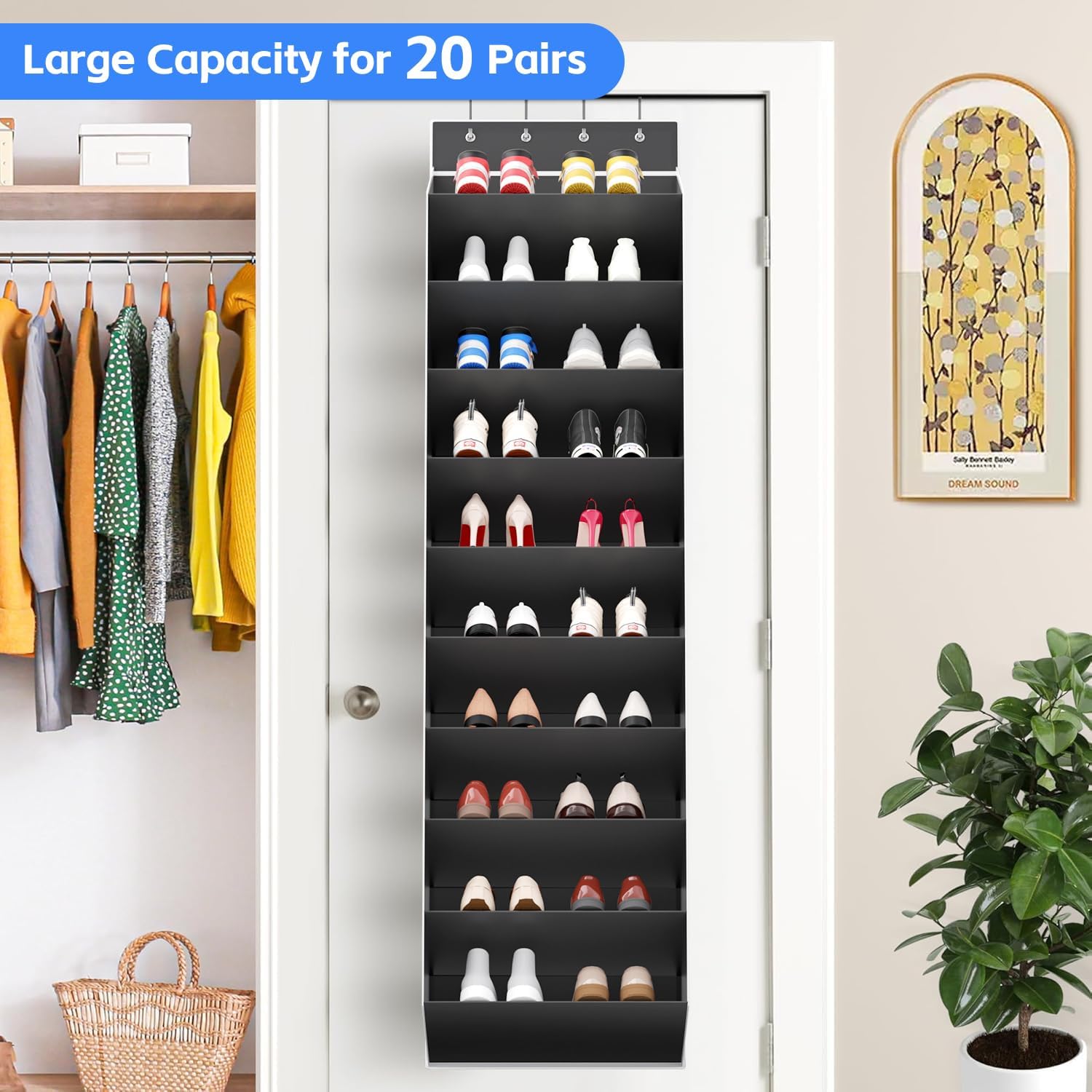 10 Tiers Large Size Over The Door Shoe Organizer Storage, Hanging Shoe Rack For Door With Deep Pockets, Fit 20 Pairs Shoe Organizer Holder For Sneakers And Boots (Black)