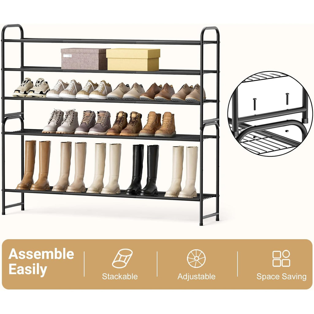 3-Tier Long Shoe Rack For Closet Metal Shoe Organizer For Entryway, Wide Stackable Shoe Storage Shelf With Sturdy Wire Grid For Closet Floor, Bedroom, Black
