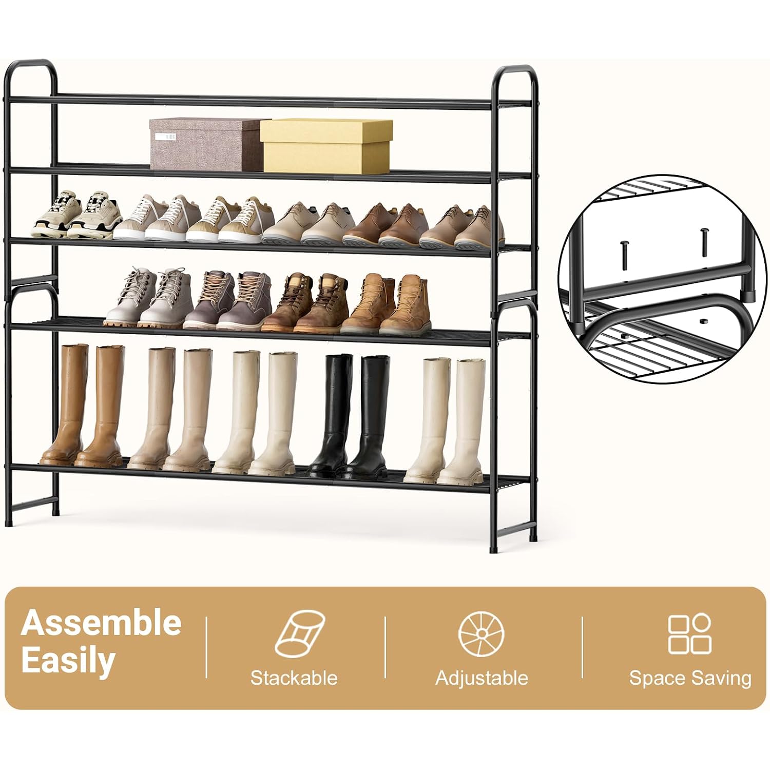 3-Tier Long Shoe Rack For Closet Metal Shoe Organizer For Entryway, Wide Stackable Shoe Storage Shelf With Sturdy Wire Grid For Closet Floor, Bedroom, Black
