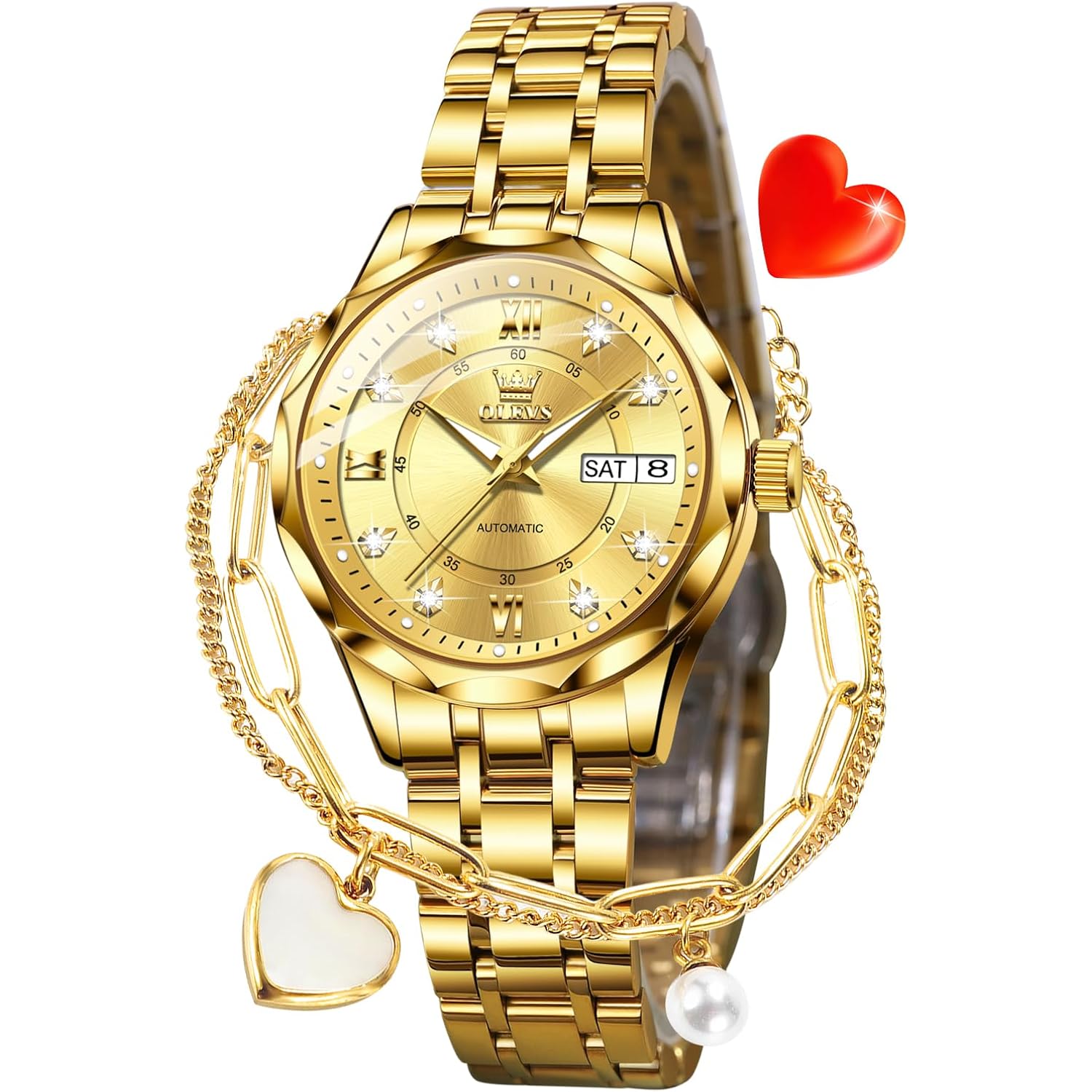 Olevs Womens Watches Casual Modern Diamond Automatic Mechanical Ladies Self Winding Dress Two Tone Wrist Watch Date Day