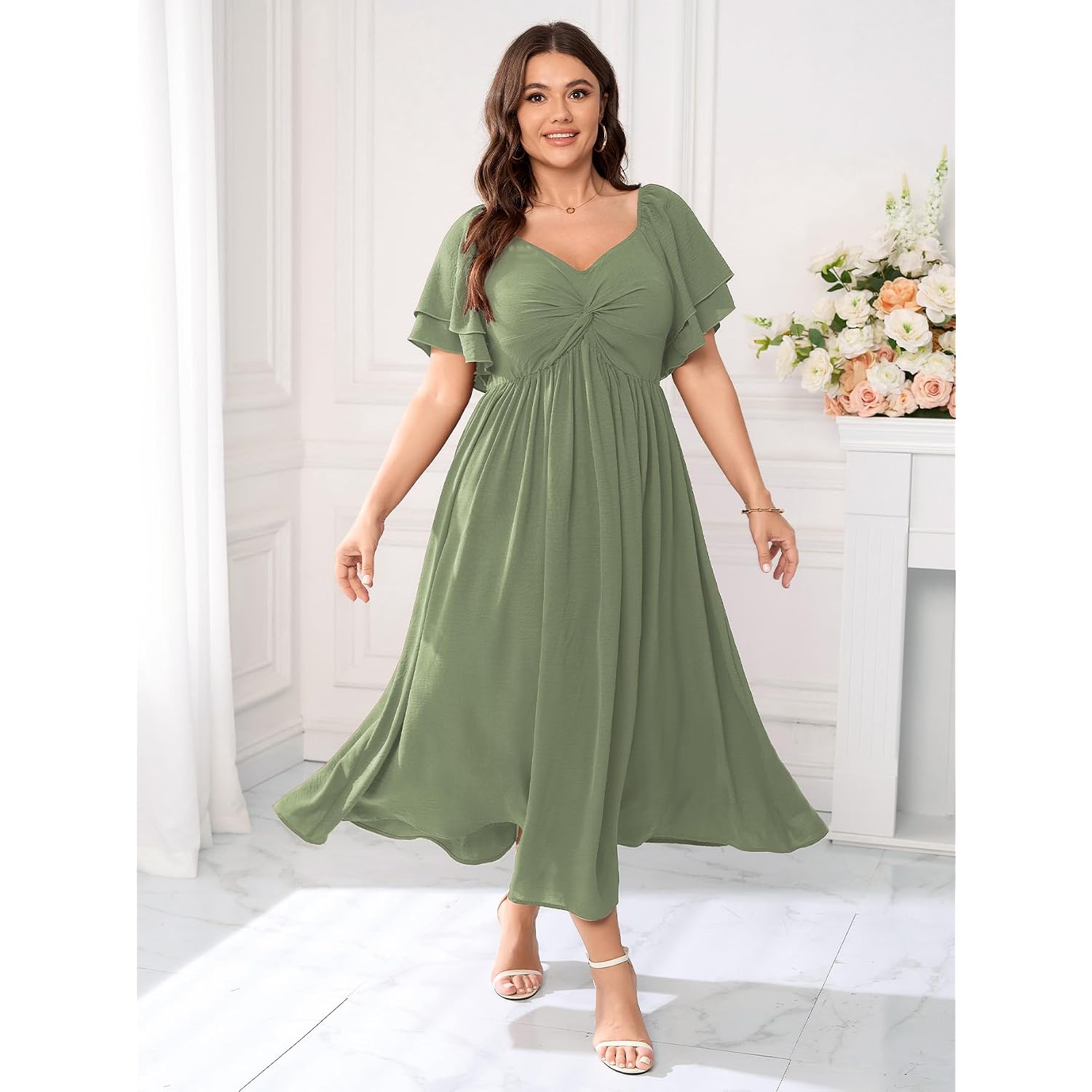 Scomchic Women'S Plus Size Wedding Guest Cocktail Dresses Sweetheart Neckline Ruffle Sleeve A Line Maxi Dress